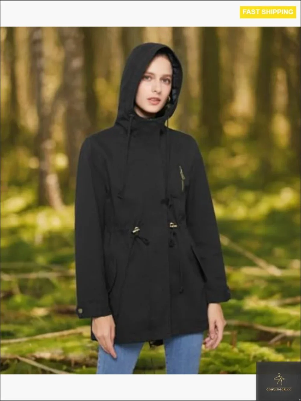 Lightweight Anorak Jacket Zip Up Utility Pockets Drawstring Waist Hooded Coat